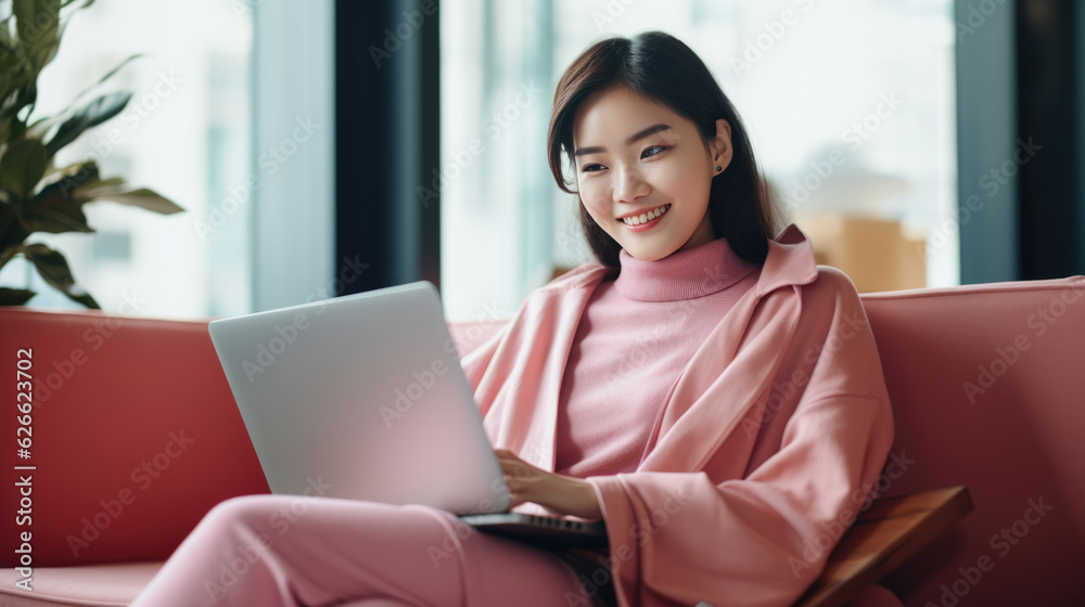 Young Asian girl sits in a chair and works on her laptop. Young Asian girl sits in a chair and works on her laptop.