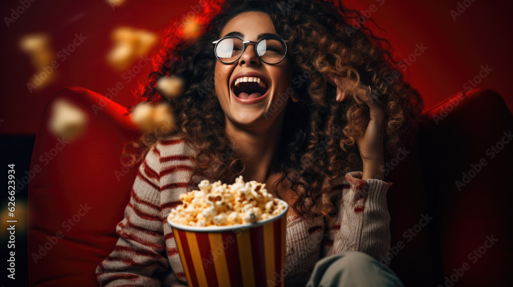 Girl with popcorn on a red background watching a movie in a cinema.