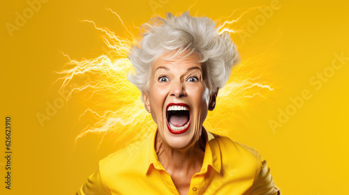 An elderly woman screams against a yellow background. © MP Studio