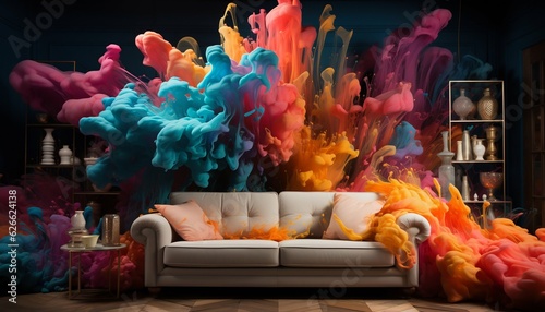 Colorful Paint Splashed in the Living Room. Generative ai
