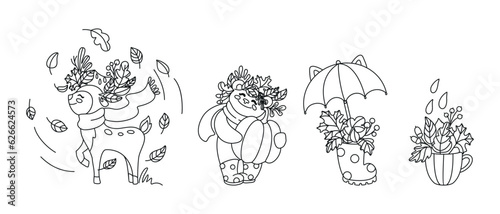 Funny animals in the autumn forest. Children's illustrations for coloring. Vector.