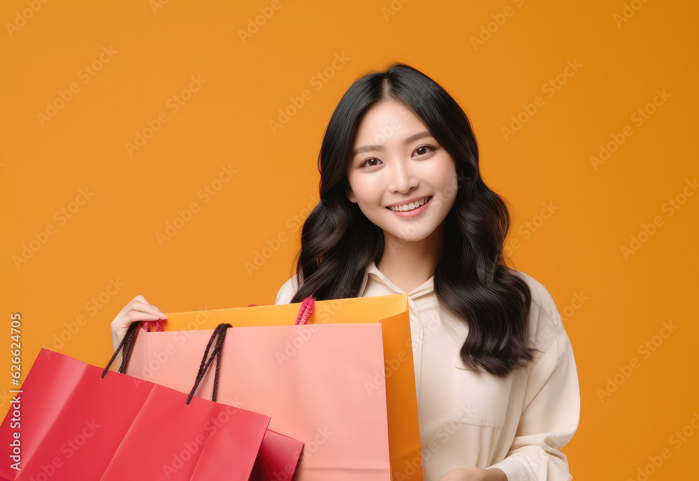 Asian happy female woman girl holds colourful shopping packages standing on yellow background, Shopping at the supermarket. Asian happy female woman girl holds colourful shopping packages standing on yellow background, Shopping at the supermarket.