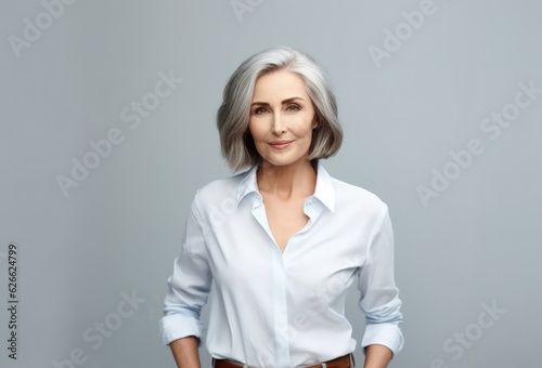 Beautiful confident middle aged business woman standing isolated on gray background, Successful entrepreneur.