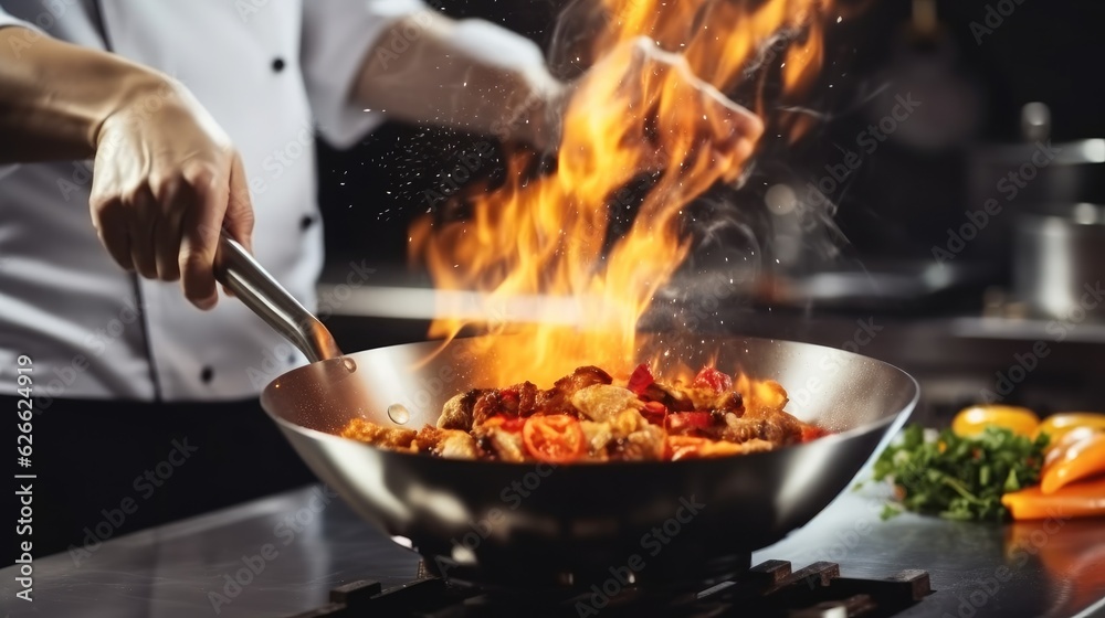 Chef in restaurant kitchen at stove with high burning flames, Chef hands keep wok with fire. Chef in restaurant kitchen at stove with high burning flames, Chef hands keep wok with fire.