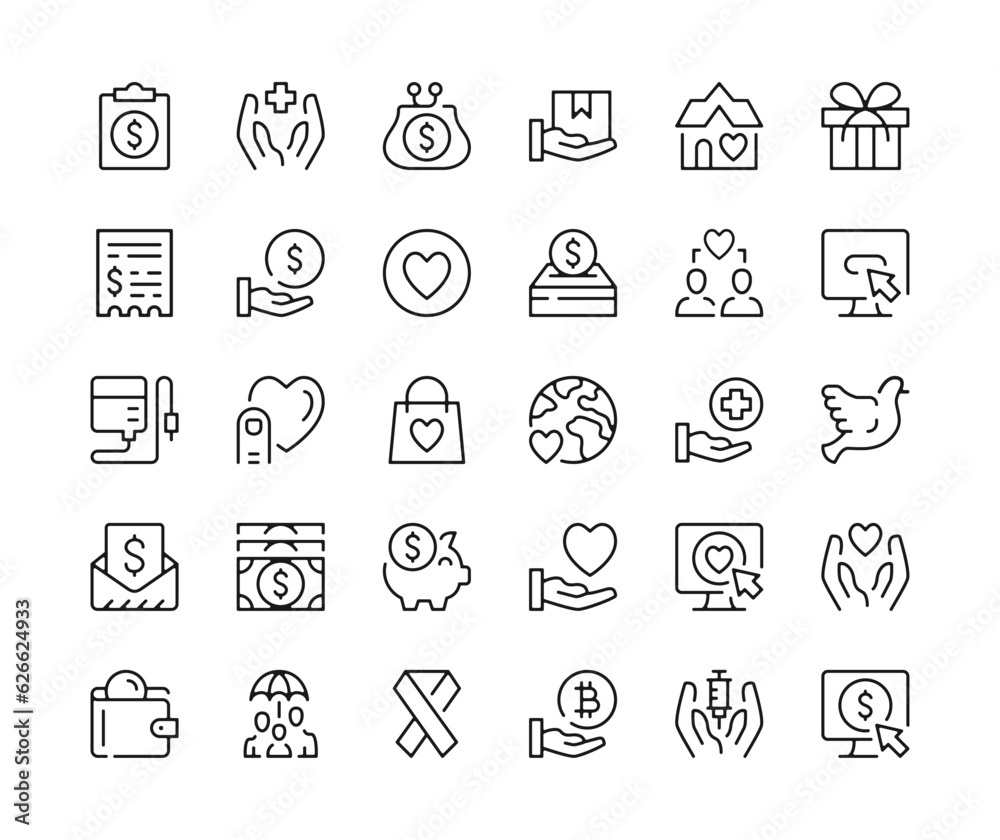Charity. Vector line icons set. Volunteering, humanitarian aid, donation, help concepts. Black outline stroke symbols