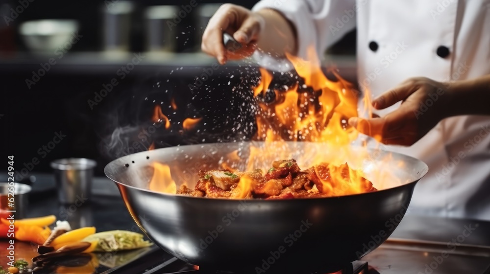 Chef in restaurant kitchen at stove with high burning flames, Chef hands keep wok with fire. Chef in restaurant kitchen at stove with high burning flames, Chef hands keep wok with fire.