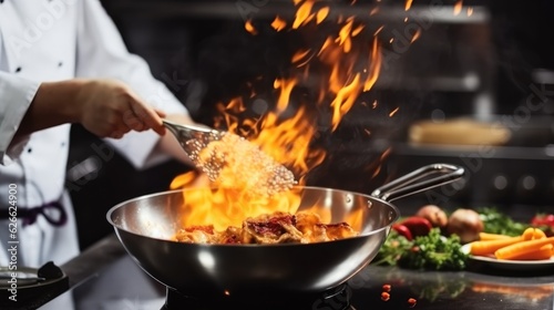 Closeup chef hands cook food with fire in kitchen at restaurant.