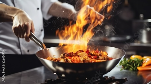 Chef in restaurant kitchen at stove with high burning flames, Chef hands keep wok with fire.