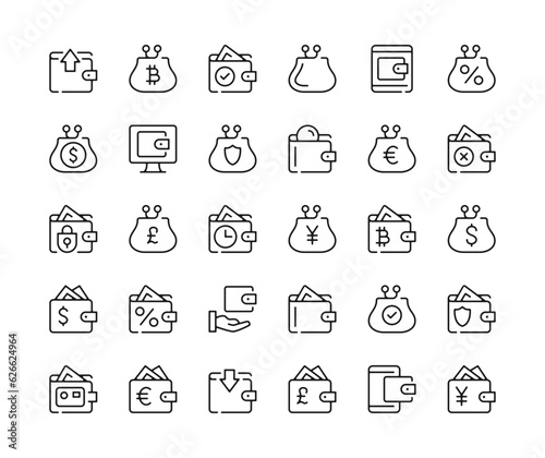 Wallet. Vector line icons set. Money concepts. Black outline stroke symbols