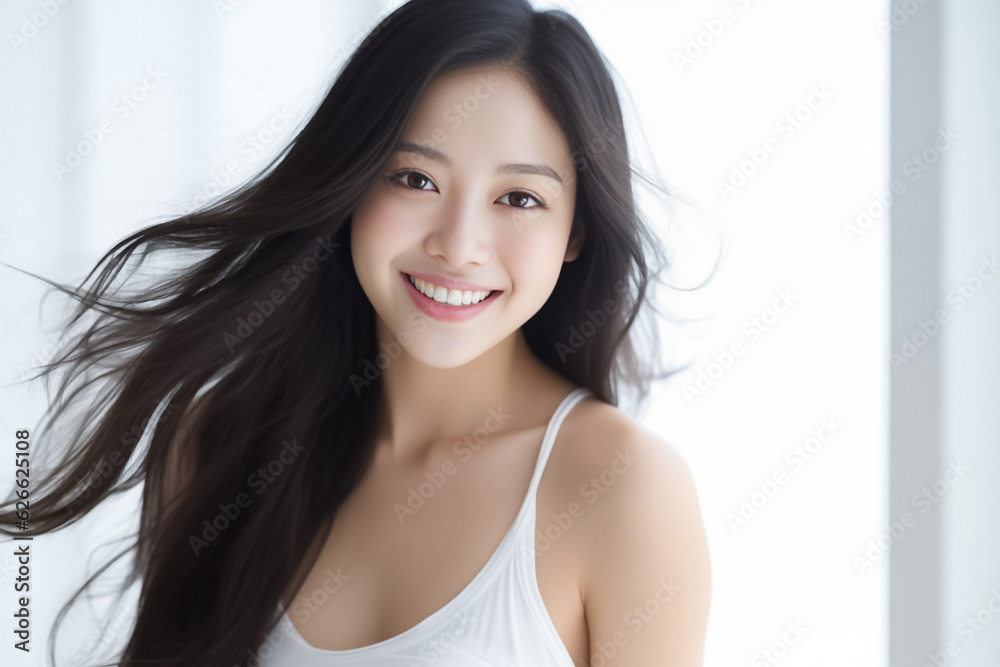 Portrait of Beautiful Asian Woman with her Smooth skin look at camera on White background in Studio light. generative AI. Portrait of Beautiful Asian Woman with her Smooth skin look at camera on White background in Studio light. generative AI.