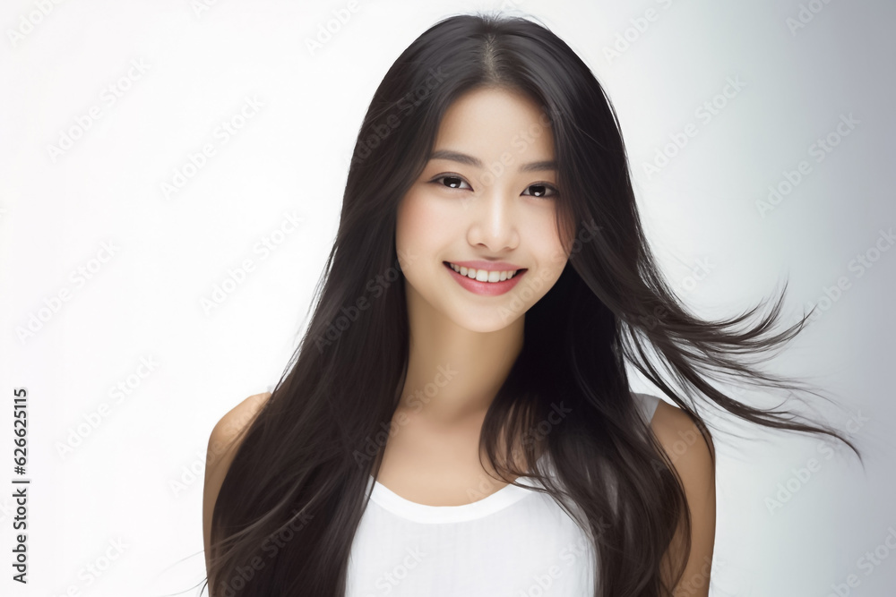 Portrait of Beautiful Asian Woman with her Smooth skin look at camera on White background in Studio light. generative AI. Portrait of Beautiful Asian Woman with her Smooth skin look at camera on White background in Studio light. generative AI.