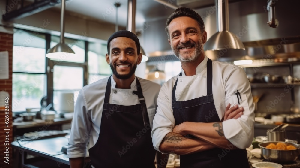Portrait of restaurant owner with chef in commercial kitchen. Portrait of restaurant owner with chef in commercial kitchen.