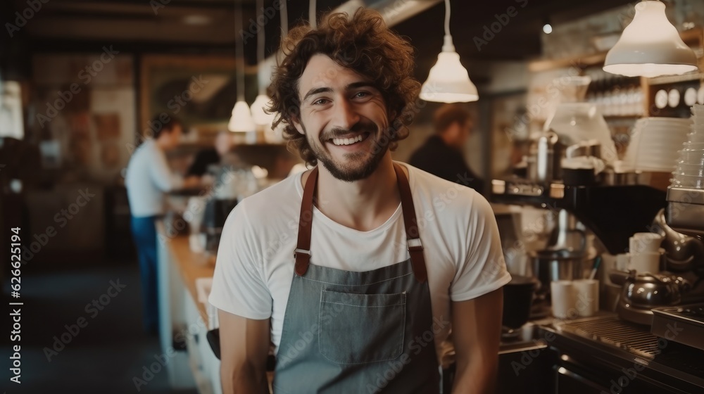 Portrait of handsome young male coffee shop owner standing behind counter, Coffee maker.