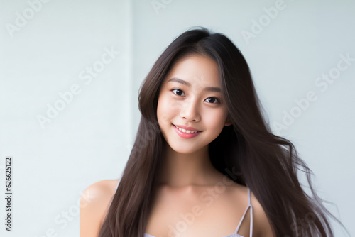 Portrait of Beautiful Asian Woman with her Smooth skin look at camera on White background in Studio light. generative AI.