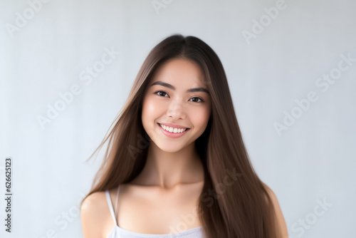 Portrait of Beautiful Asian Woman with her Smooth skin look at camera on White background in Studio light. generative AI.