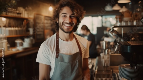 Portrait of handsome young male coffee shop owner standing behind counter, Coffee maker.