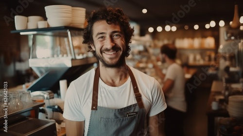 Portrait of handsome young male coffee shop owner standing behind counter, Coffee maker.