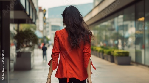 Rear view Asian woman walking on road at city.