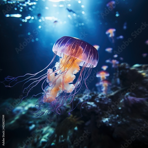 Underwater photography of a blue jellyfish, glowing deep in the ocean © omachucam
