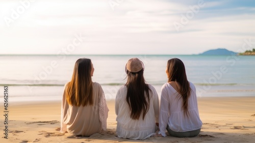 Rear view group of Young woman friends sitting and talking together on tropical island beach.