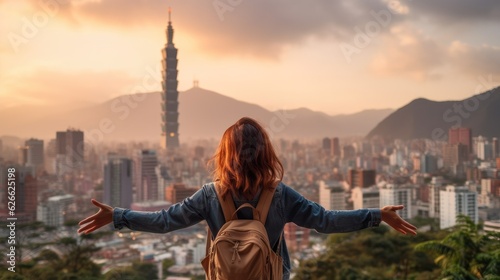 Rear view young woman traveler looking beautiful cityscape at sunset, Travel lifestyle concept.