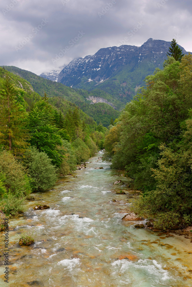 Fototapeta premium Majestic turquoise Soca river in the green forest, Bovec, Slovenia, Europe. Beautiful rafting and kayaking place in Europe. Great recreation place and kayaking destination. 