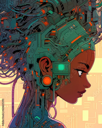 Close-up portrait of female android with complex wires and circuits  concept of sentient machines