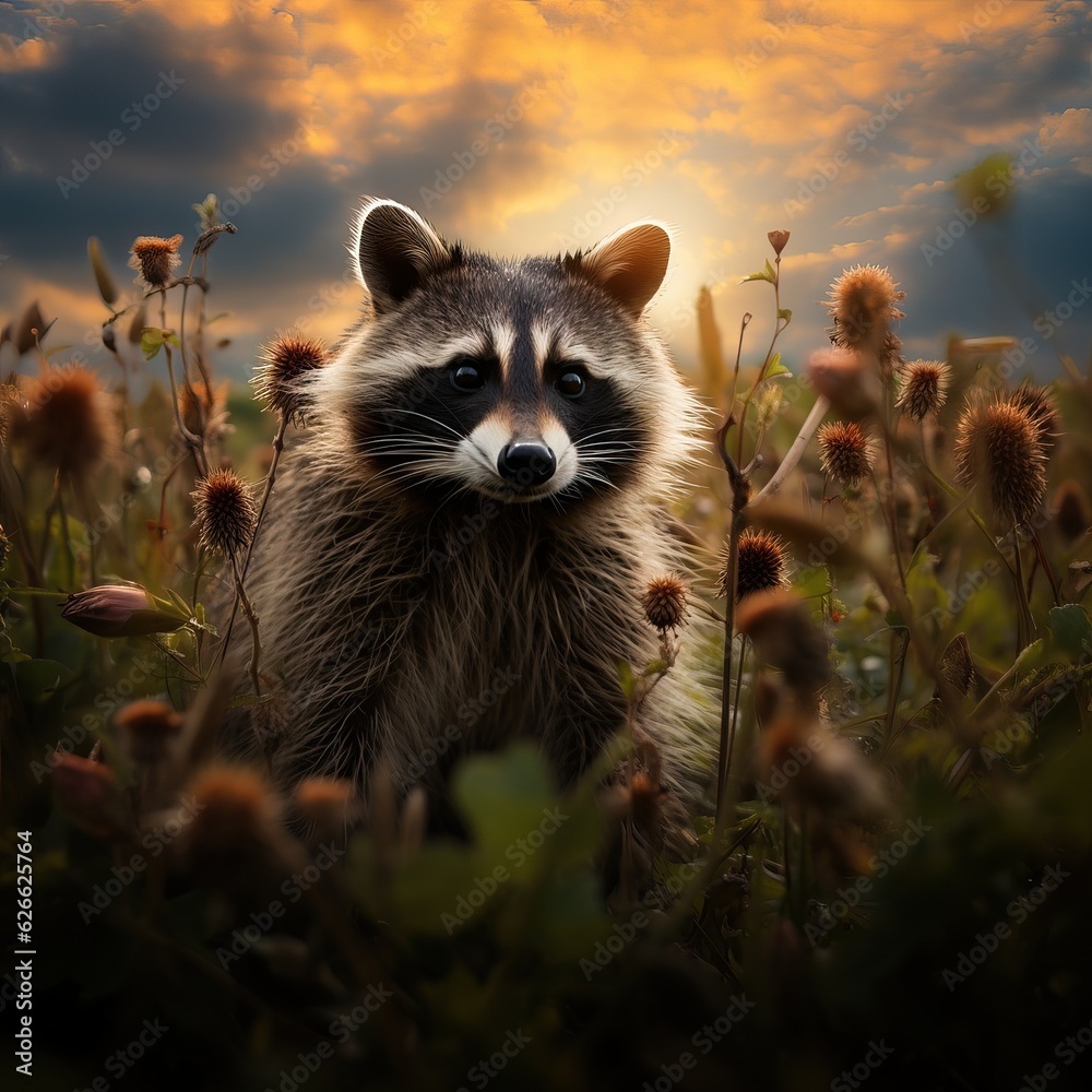 Wildlife photography of a raccoon in the prairie