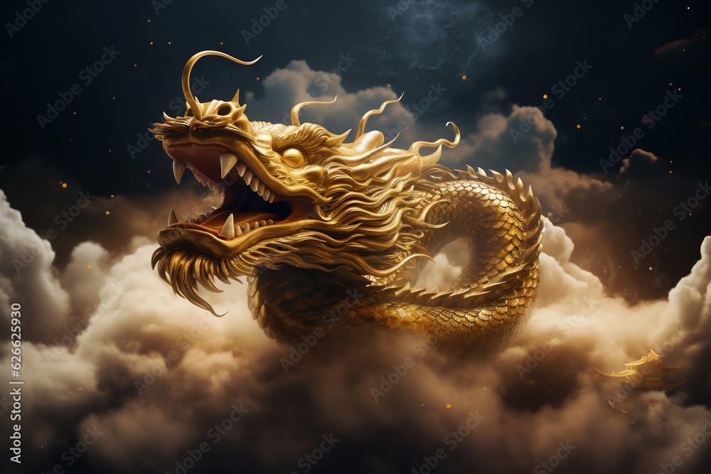Obraz premium Chinese Golden Dragon in the Cloud at Night Time. Generative ai