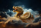 Chinese Golden Dragon in the Cloud at Night Time. Generative ai