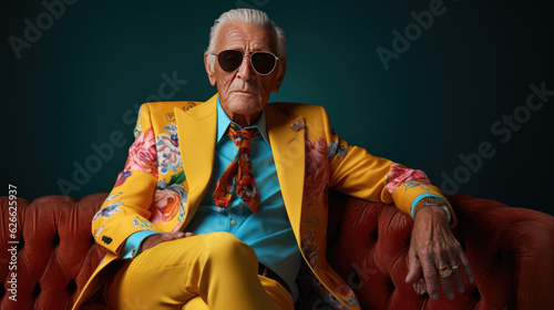 Fotografia Brightly dressed stylish elderly man on dark background.