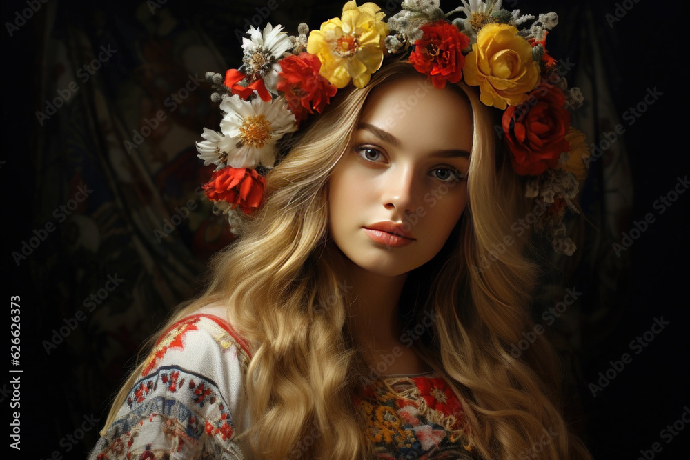 
Portrait of a beautiful young Ukrainian woman with a flower wreath.

