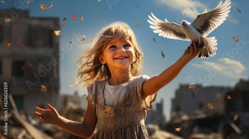A cute little girl with a white dove in front of a ruined city.