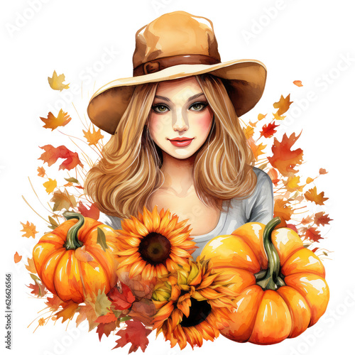 Fall autumn pumpkin farm floral sunflower garden plant element watercolor illustration orange Generative Al Illustration