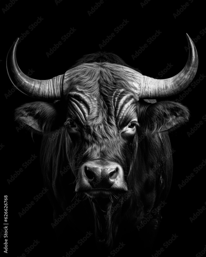Naklejka premium Generated photorealistic portrait of a bull with long horns in black and white
