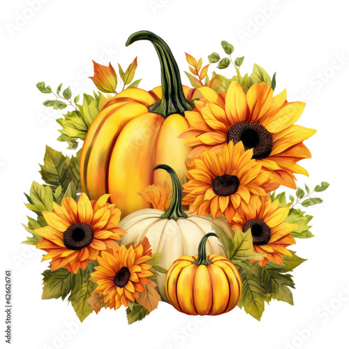 Fall autumn pumpkin farm floral sunflower garden plant element watercolor illustration orange Generative Al Illustration