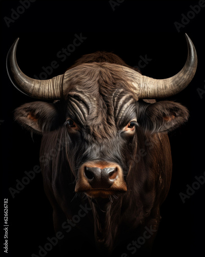 Generated photorealistic portrait of a bull with long horns 