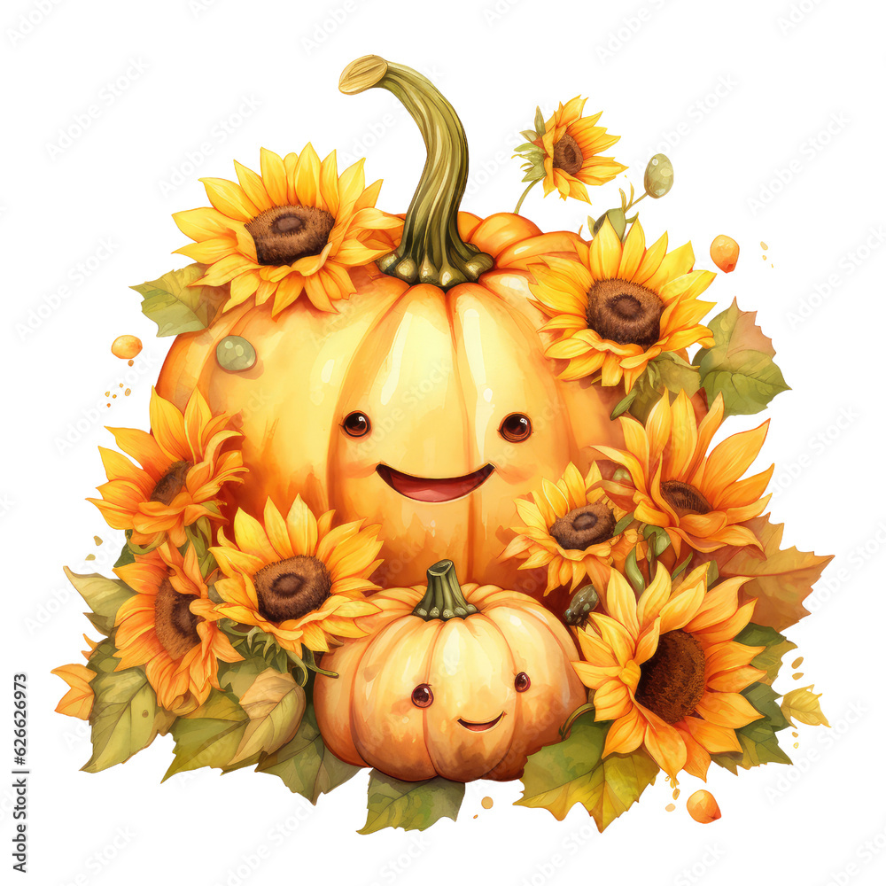 Fall autumn pumpkin farm floral sunflower garden plant element watercolor illustration orange Generative Al Illustration Fall autumn pumpkin farm floral sunflower garden plant element watercolor illustration orange Generative Al Illustration