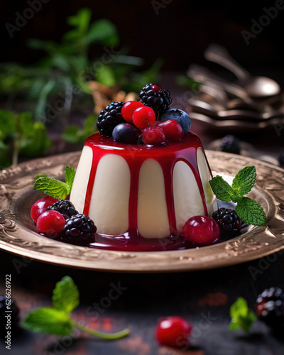 Generated photorealistic image of panna cotta with berries photo