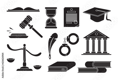 Set court and justice law icons. Services of a lawyer, attorney or notary. Law and protection of business interests in court. Books scales hummer of the judge. Vector isolated on white background