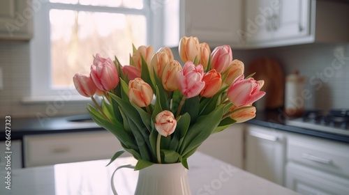 A bouquet of tulips in a white vase stand on the kitchen table. Kitchen interior background. Fresh bouquet of tulips on a kitchen table. © Boris