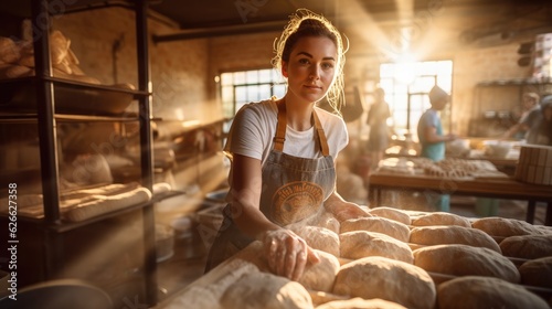 Female baker standing at workplace on baking manufacture. Happy small pastry shop owner, smiling proudly at her store. Cheerful female baker working at her shop.  photo