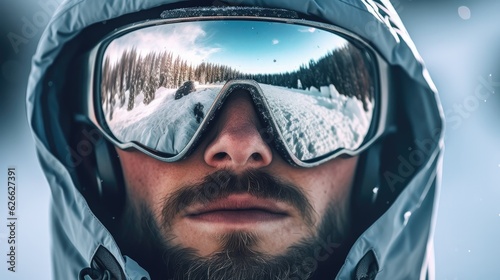 Obraz na plátně Close up of the ski goggles of a man with the reflection of snowed ski slopes
