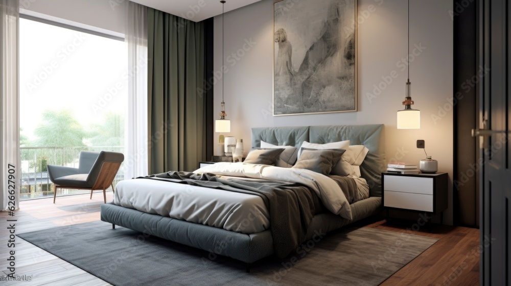 A Photo of Contemporary Bedroom with Upholstered Bed and Accent Wall. created with Generative AI technology