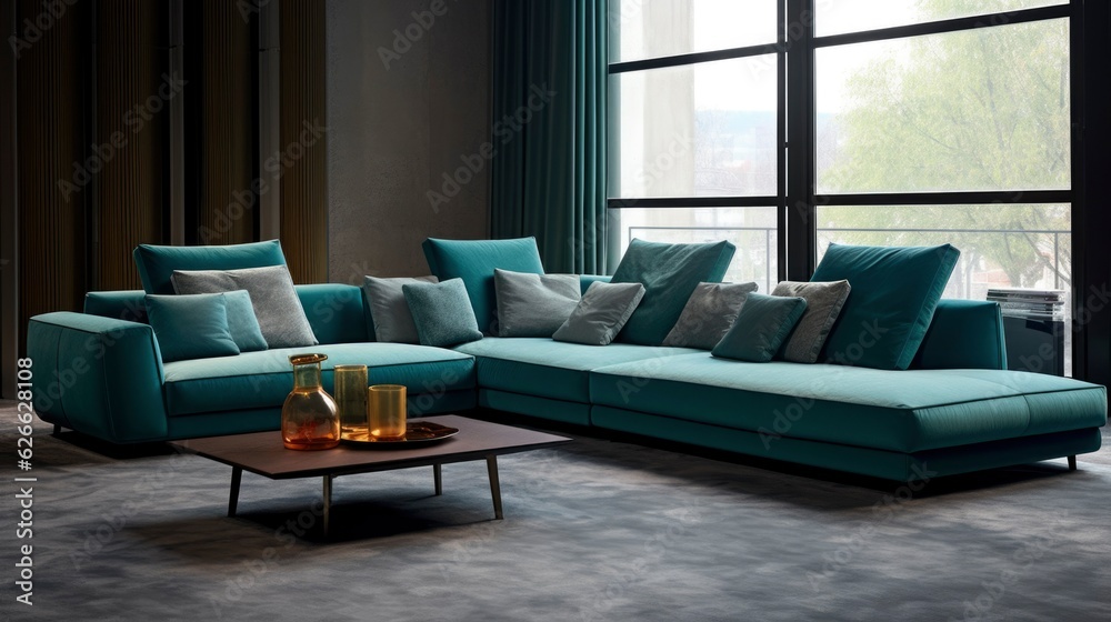 A Photo of Contemporary L - shaped Sofa with Soft Cushions. created with Generative AI technology A Photo of Contemporary L - shaped Sofa with Soft Cushions. created with Generative AI technology