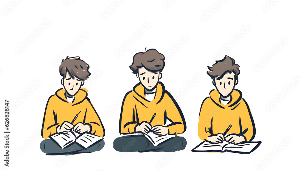 A boy wearing a yellow outfit is reading a book, vector illustration, suitable as clip art material