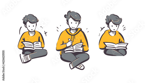 A boy wearing a yellow outfit is reading a book, vector illustration, suitable as clip art material