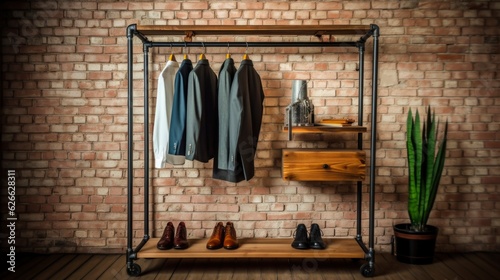 A Photo of Industrial Style Clothing Rack with Hanging Space and Shelves. created with Generative AI technology