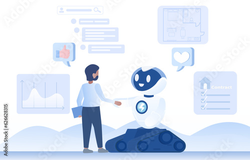 Artificial Intelligence (AI) technology concept. Real estate, Artificial Intelligence (AI) technology has revolution the way property are bought and sold. Flat vector design illustration.