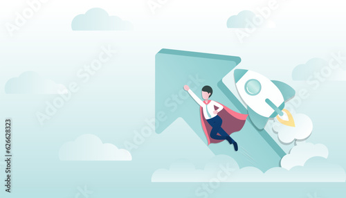 Business ideas concept. Businessman flying up to the sky with rocket and arrow to success. Symbol of progressive, stronger, growth up, improvement, challenge. Flat vector design illustration.